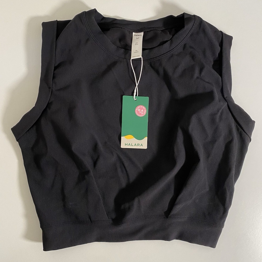 Halara Crew Neck Cropped Tank Top Womens Medium Black Yoga Ribbed Muscle NWT